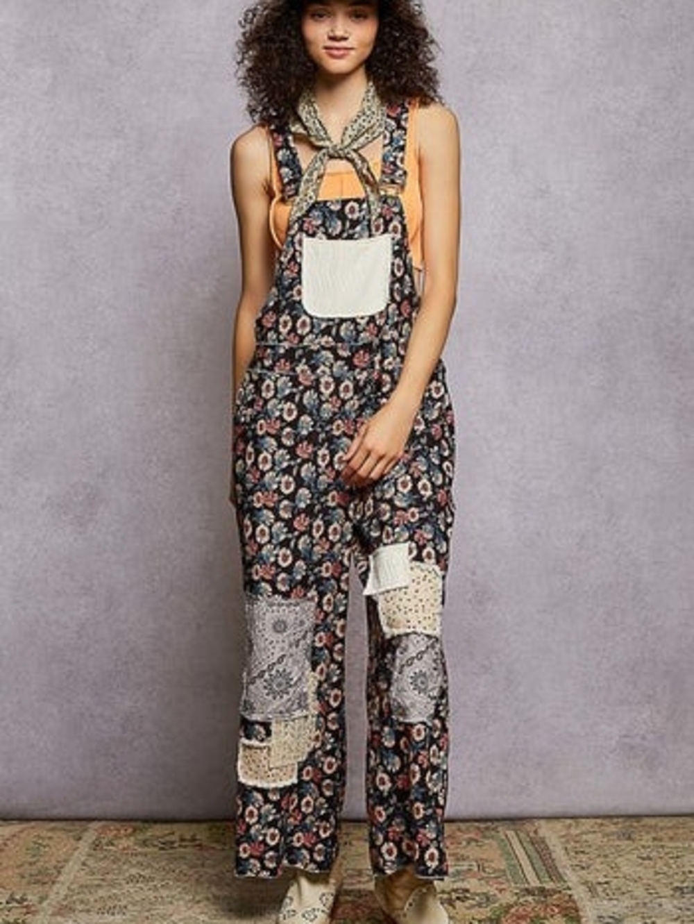 POL Printed Corduroy Overalls with Mixed Patches in Black Multi